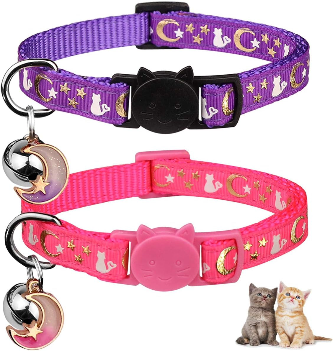 Charming 2-Pack Adjustable Cat Collars with Glow-in-the-Dark Moons and Stars - Perfect for Kittens and Small Breeds!