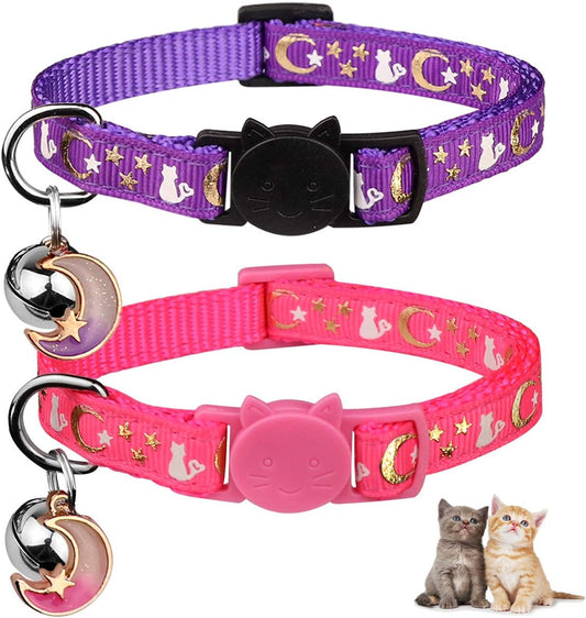 Charming 2-Pack Adjustable Cat Collars with Glow-in-the-Dark Moons and Stars - Perfect for Kittens and Small Breeds!