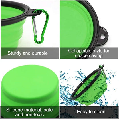 Folding Portable Silicone Dog Feeder Bowl - 2-in-1 Pet Dispenser for Outdoor Adventures with Carabiner Bottle for Food and Water