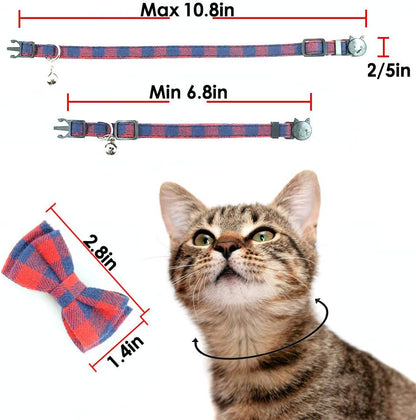 Charming Adjustable Red Plaid Cat Collar with Breakaway Safety Buckle, Bell, and Bow Tie - Perfect for Stylish Felines (6.8-10.8 inches)