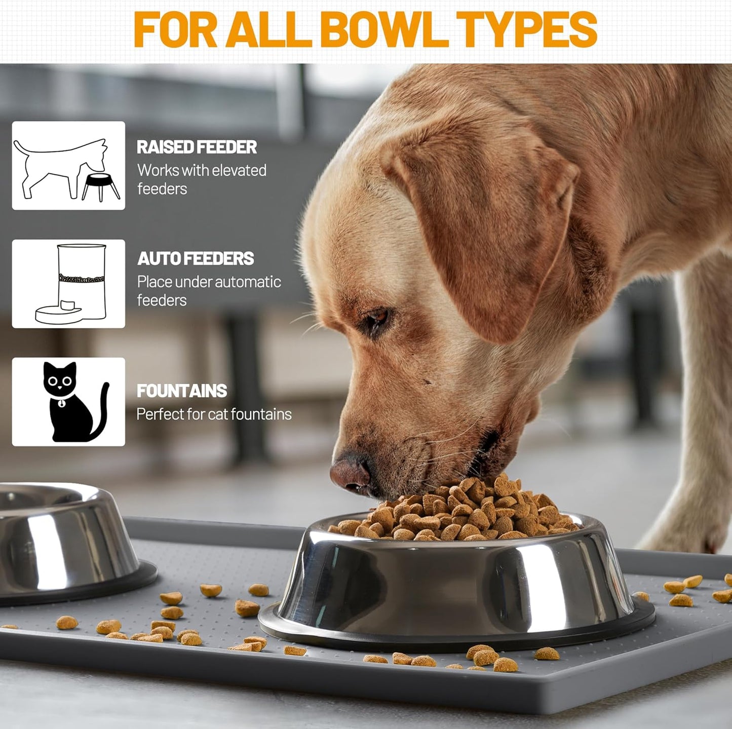 Ultimate Waterproof Silicone Dog Feeding Mat - Food Grade Pet Bowl Placemat with Raised Edges and Non-Slip Design (19" x 12", Grey)