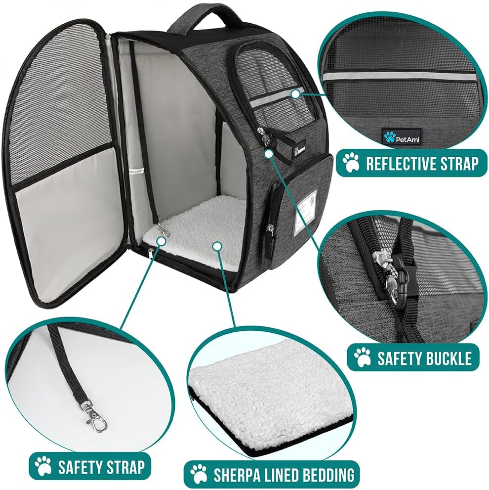 Comfortable and Stylish Charcoal Dog and Cat Backpack Carrier - Perfect for Travel, Hiking, and Outdoor Adventures, Airline Approved for Pets Up to 18 lbs