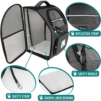Comfortable and Stylish Charcoal Dog and Cat Backpack Carrier - Perfect for Travel, Hiking, and Outdoor Adventures, Airline Approved for Pets Up to 18 lbs