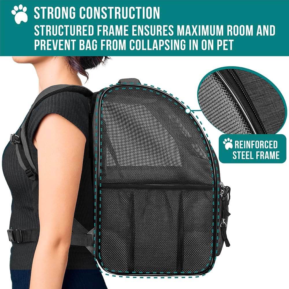 Comfortable and Stylish Charcoal Dog and Cat Backpack Carrier - Perfect for Travel, Hiking, and Outdoor Adventures, Airline Approved for Pets Up to 18 lbs