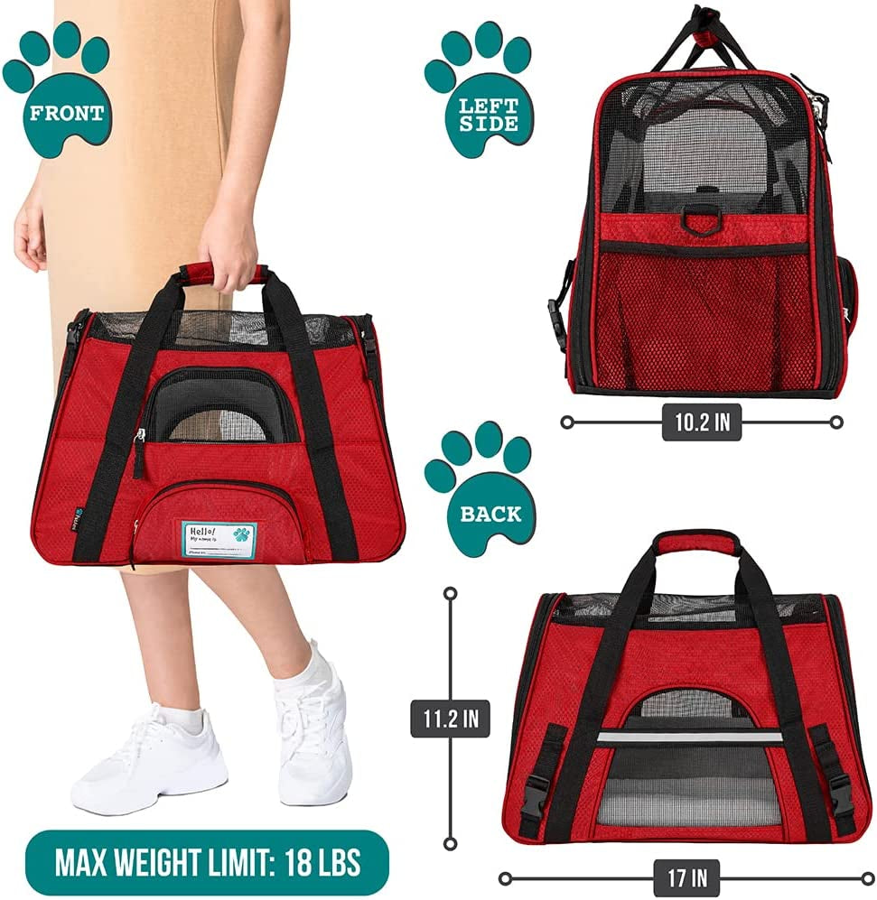 Airline-Approved Soft-Sided Pet Carrier for Cats and Small Dogs - Ventilated Travel Bag for Medium to Large Kittens and Puppies - Red