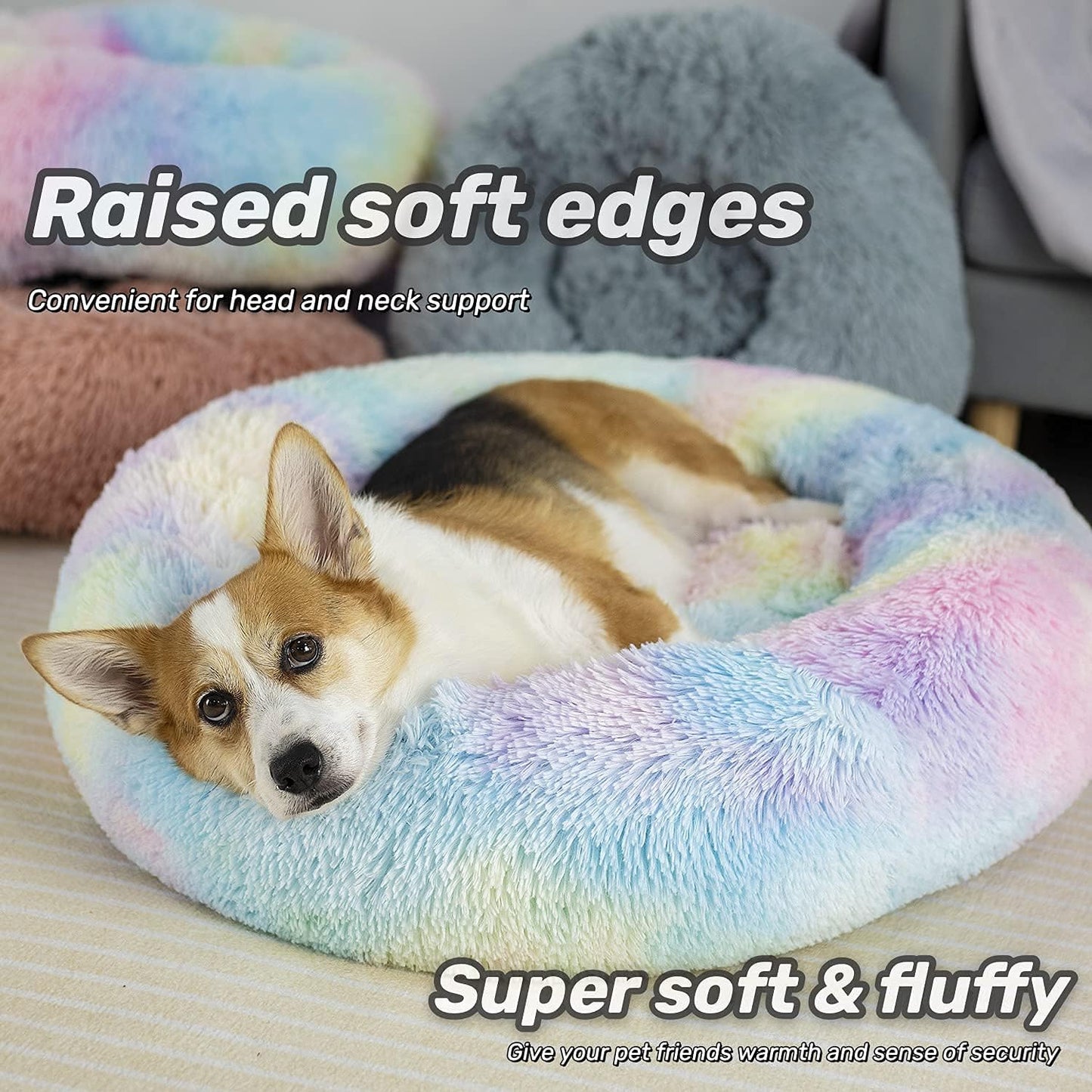 Cozy Rainbow Anti-Anxiety Plush Pet Bed for Dogs and Cats - Perfect Comfort for Small to Large Pets