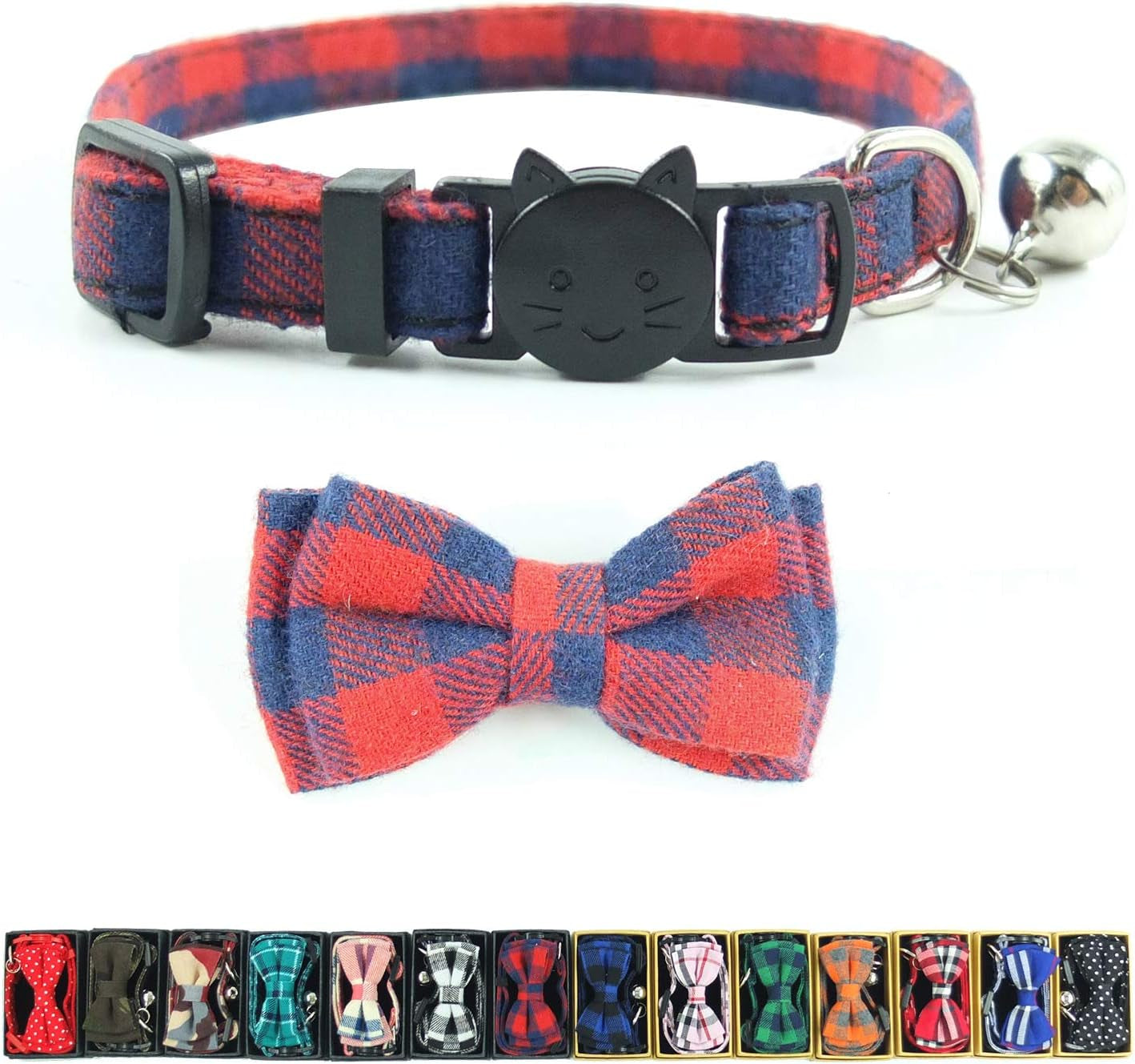 Charming Adjustable Red Plaid Cat Collar with Breakaway Safety Buckle, Bell, and Bow Tie - Perfect for Stylish Felines (6.8-10.8 inches)