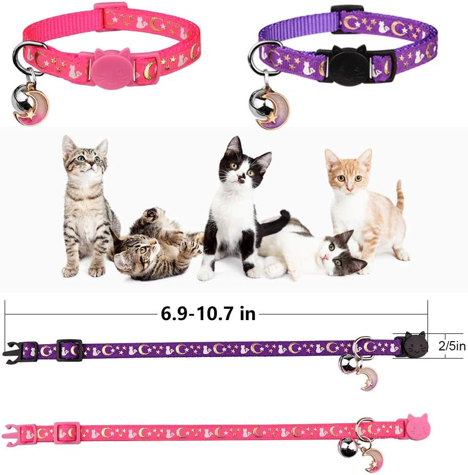Charming 2-Pack Adjustable Cat Collars with Glow-in-the-Dark Moons and Stars - Perfect for Kittens and Small Breeds!