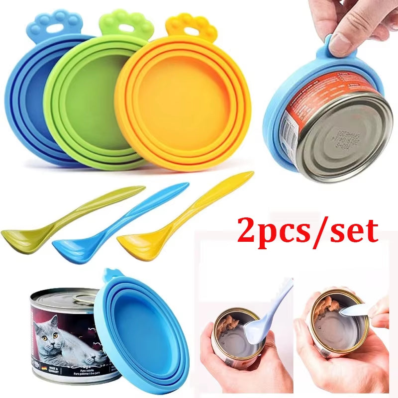 Keep Pet Food Fresh with Our 2-Piece Reusable Silicone Can Covers and Spoon Set