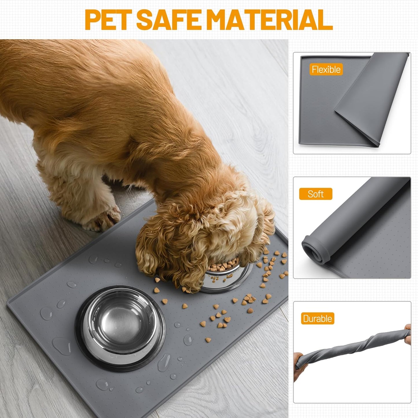 Ultimate Waterproof Silicone Dog Feeding Mat - Food Grade Pet Bowl Placemat with Raised Edges and Non-Slip Design (19" x 12", Grey)