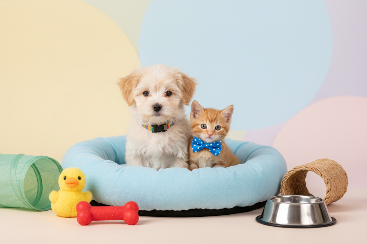 Playful puppy and kitten with accessories banner